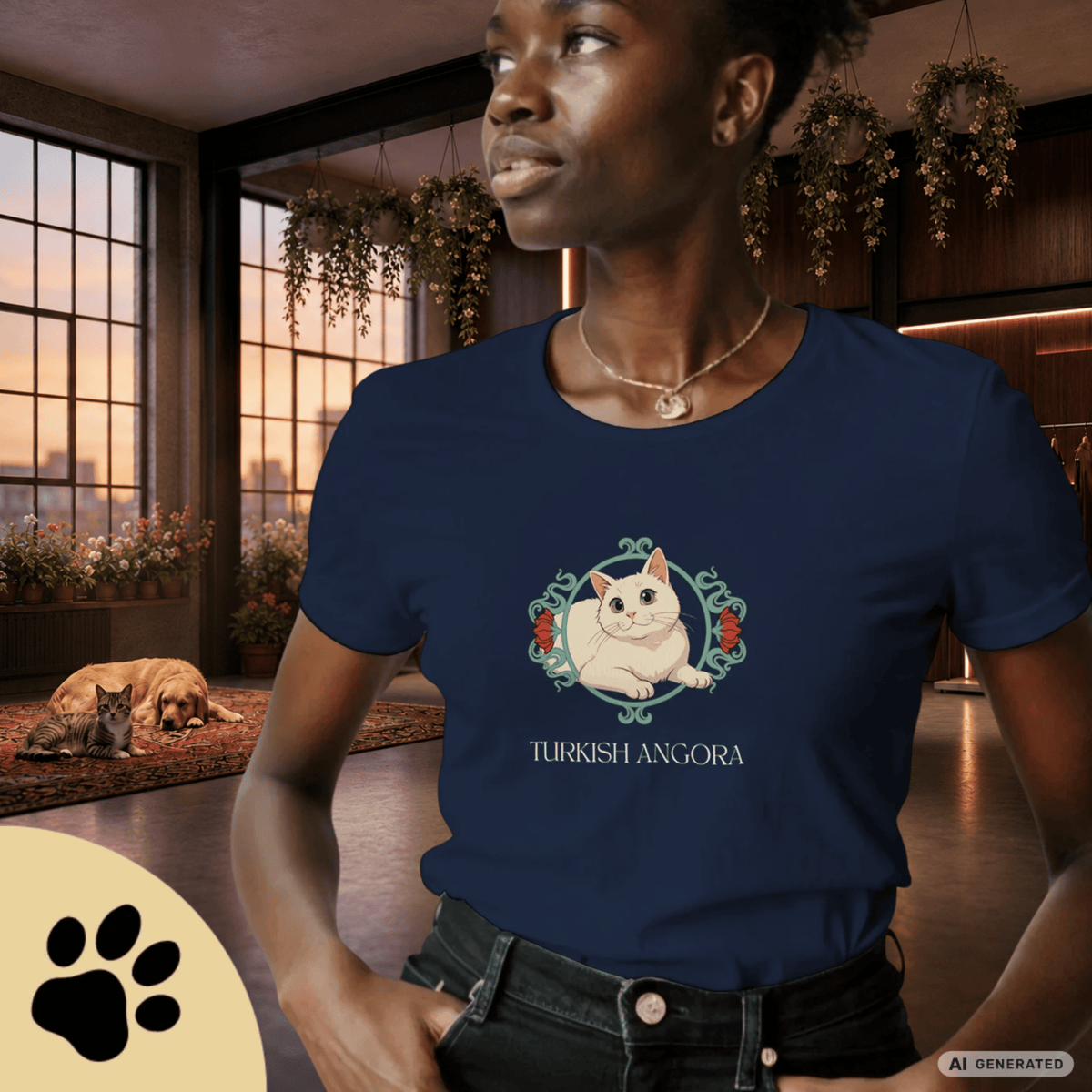 Türkisch Angora Katzen Shirt – Elegantes Katzen Design mit floralem Rahmen | Geschenk für Katzenliebhaber - Sunbeamstore