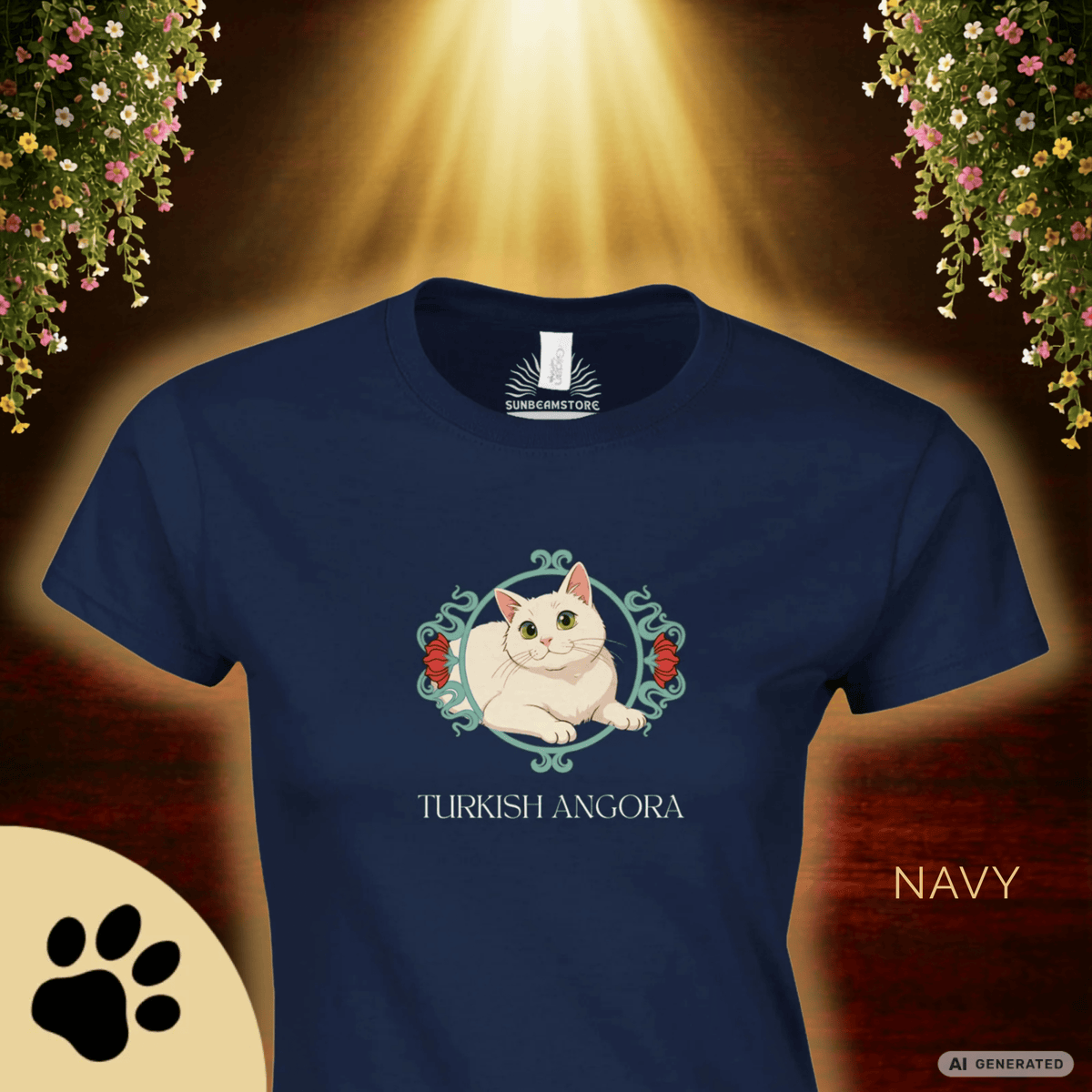 Türkisch Angora Katzen Shirt – Elegantes Katzen Design mit floralem Rahmen | Geschenk für Katzenliebhaber - Sunbeamstore