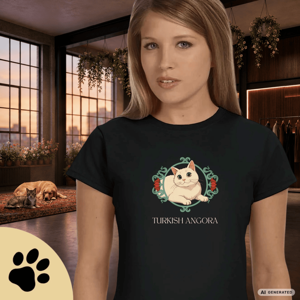 Türkisch Angora Katzen Shirt – Elegantes Katzen Design mit floralem Rahmen | Geschenk für Katzenliebhaber - Sunbeamstore