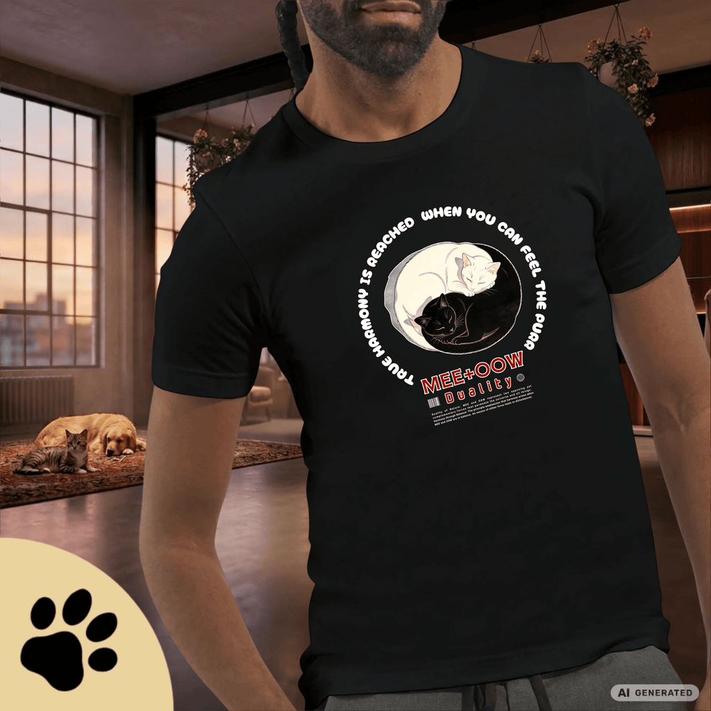 Yin Yang Katzen T-Shirt – Mee+Oow Duality, Minimalistisches Katzen Design, Balance & Harmonie, Katzenliebhaber Geschenk Premium Unisex Crewneck T-shirt | Bella + Canvas 3001 - Sunbeamstore