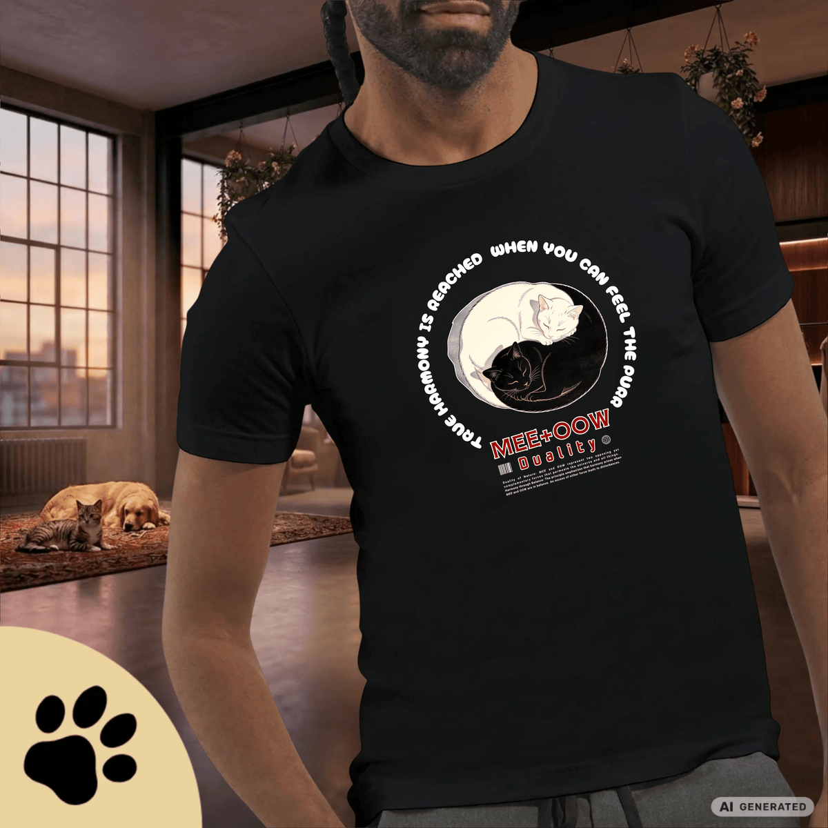 Yin Yang Katzen T-Shirt – Mee+Oow Duality, Minimalistisches Katzen Design, Balance & Harmonie, Katzenliebhaber Geschenk Premium Unisex Crewneck T-shirt | Bella + Canvas 3001 - Sunbeamstore