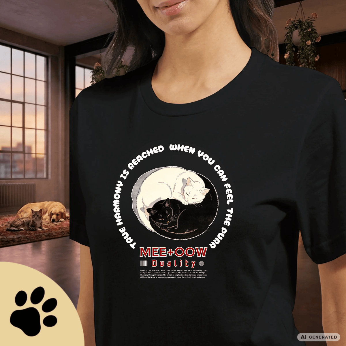 Yin Yang Katzen T-Shirt – Mee+Oow Duality, Minimalistisches Katzen Design, Balance & Harmonie, Katzenliebhaber Geschenk Premium Unisex Crewneck T-shirt | Bella + Canvas 3001 - Sunbeamstore