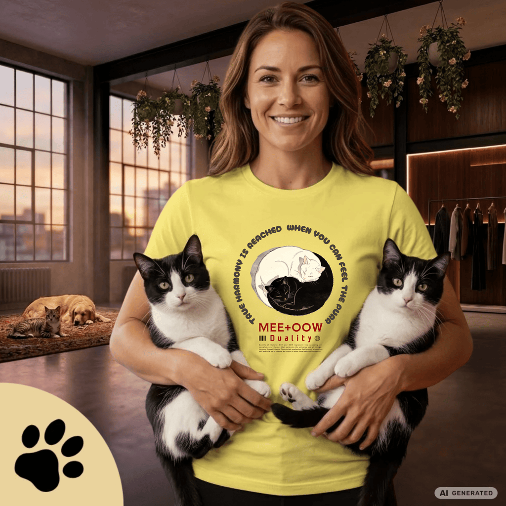 Yin Yang Katzen T-Shirt – Mee+Oow Duality, Minimalistisches Katzen Design, Katzenliebhaber Geschenk - Sunbeamstore