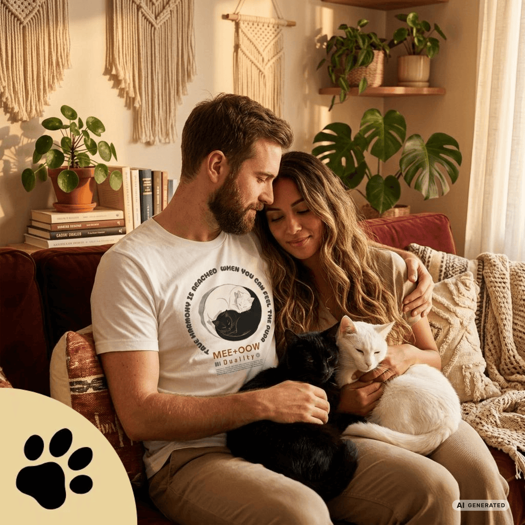Yin Yang Katzen T-Shirt – Mee+Oow Duality, Minimalistisches Katzen Design, Katzenliebhaber Geschenk - Sunbeamstore