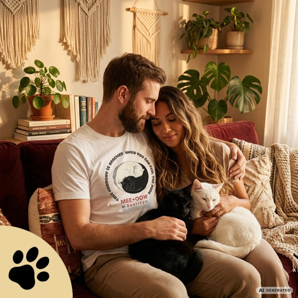 Yin Yang Katzen T-Shirt – Mee+Oow Duality, Minimalistisches Katzen Design, Katzenliebhaber Geschenk - Sunbeamstore